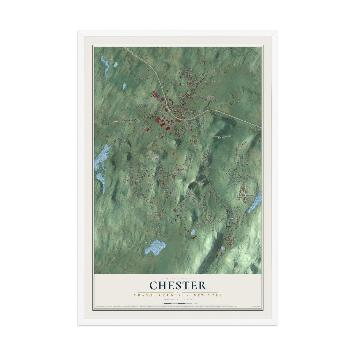 Map of Chester, Orange County, New York, 12 x 18 inch print in a white wood frame