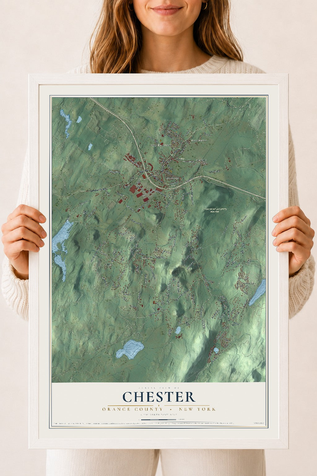 Map of Chester, Orange County, New York, 18 x 24 inch print in a white wood frame