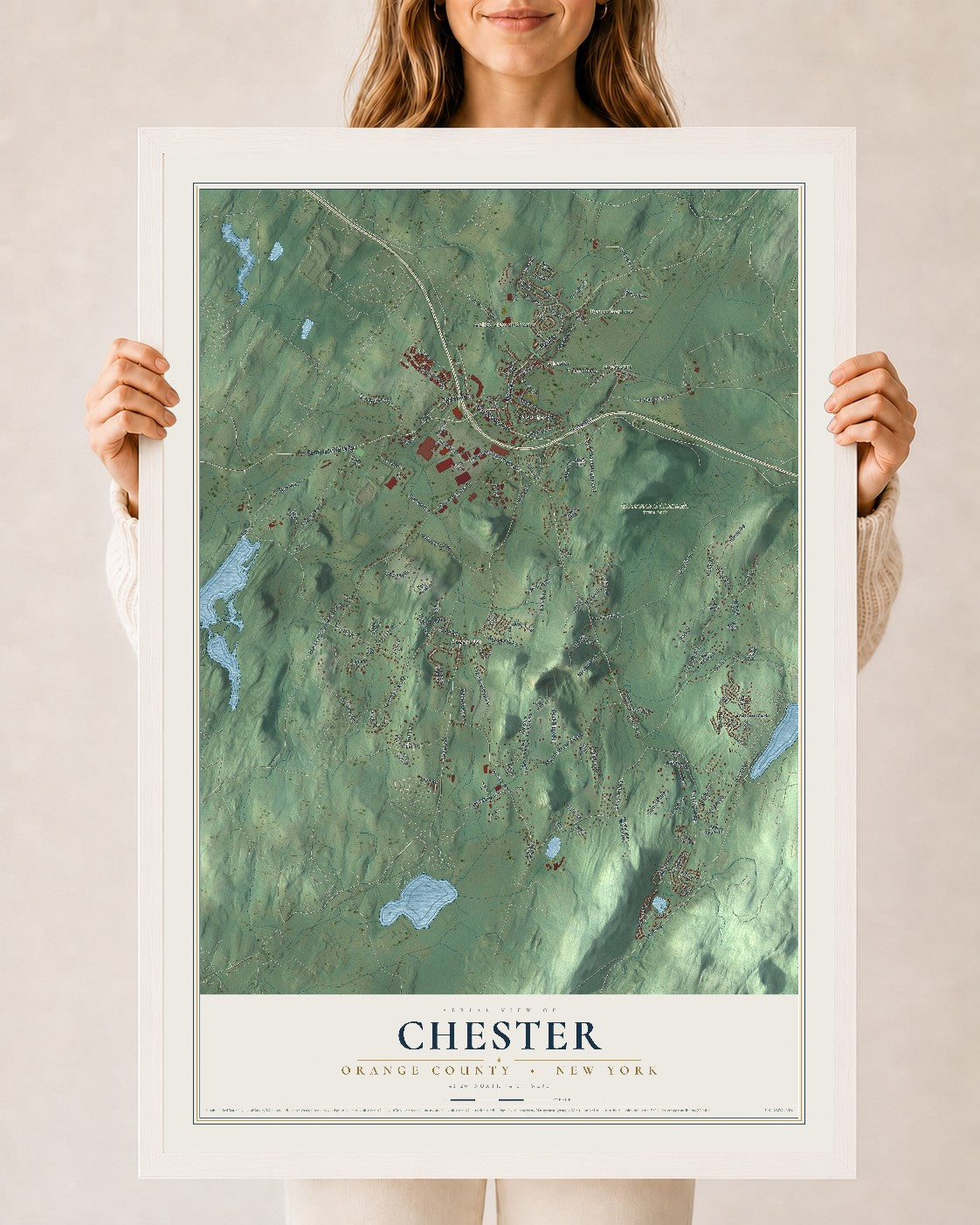 Map of Chester, Orange County, New York, 24 x 36 inch print in a white wood frame