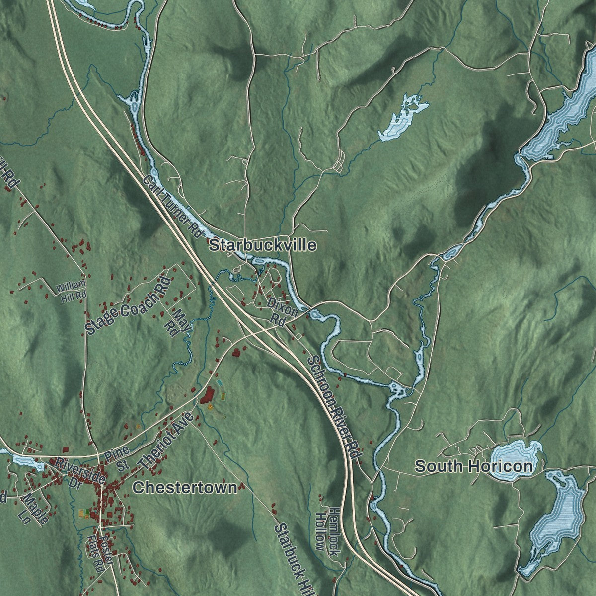 Close-up of the map of Chester, Warren County, New York print showing street and building detail