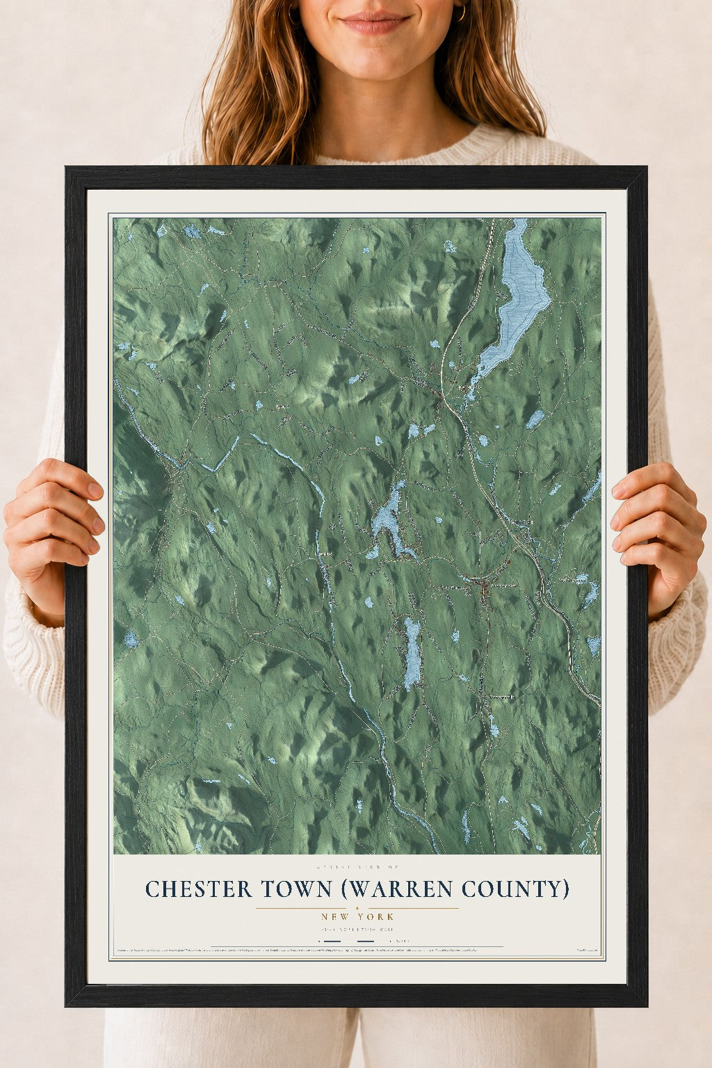 Chester Town (Warren County), New York map print, 18" x 24" W/ Black Ayous Wood Frame mockup