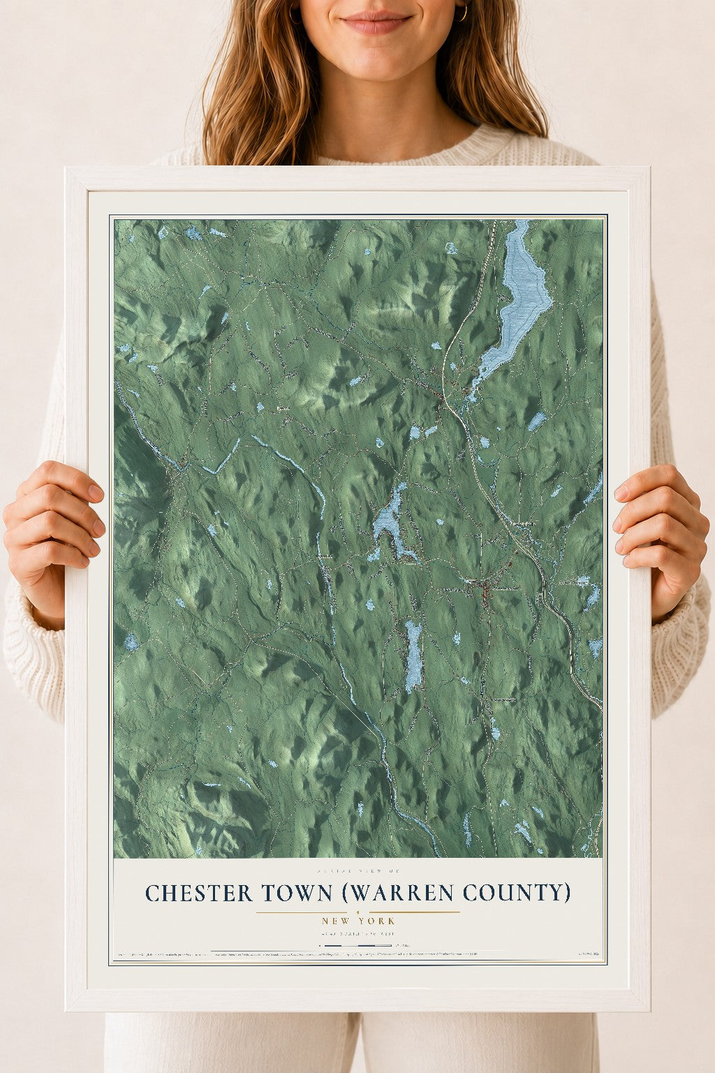Chester Town (Warren County), New York map print, 18" x 24" W/ White Ayous Wood Frame mockup