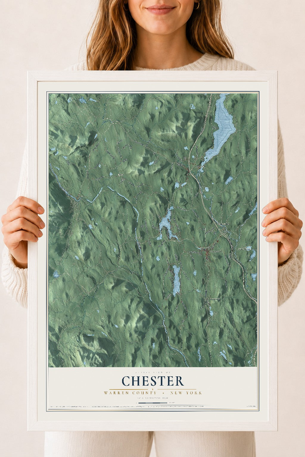 Map of Chester, Warren County, New York, 18 x 24 inch print in a white wood frame