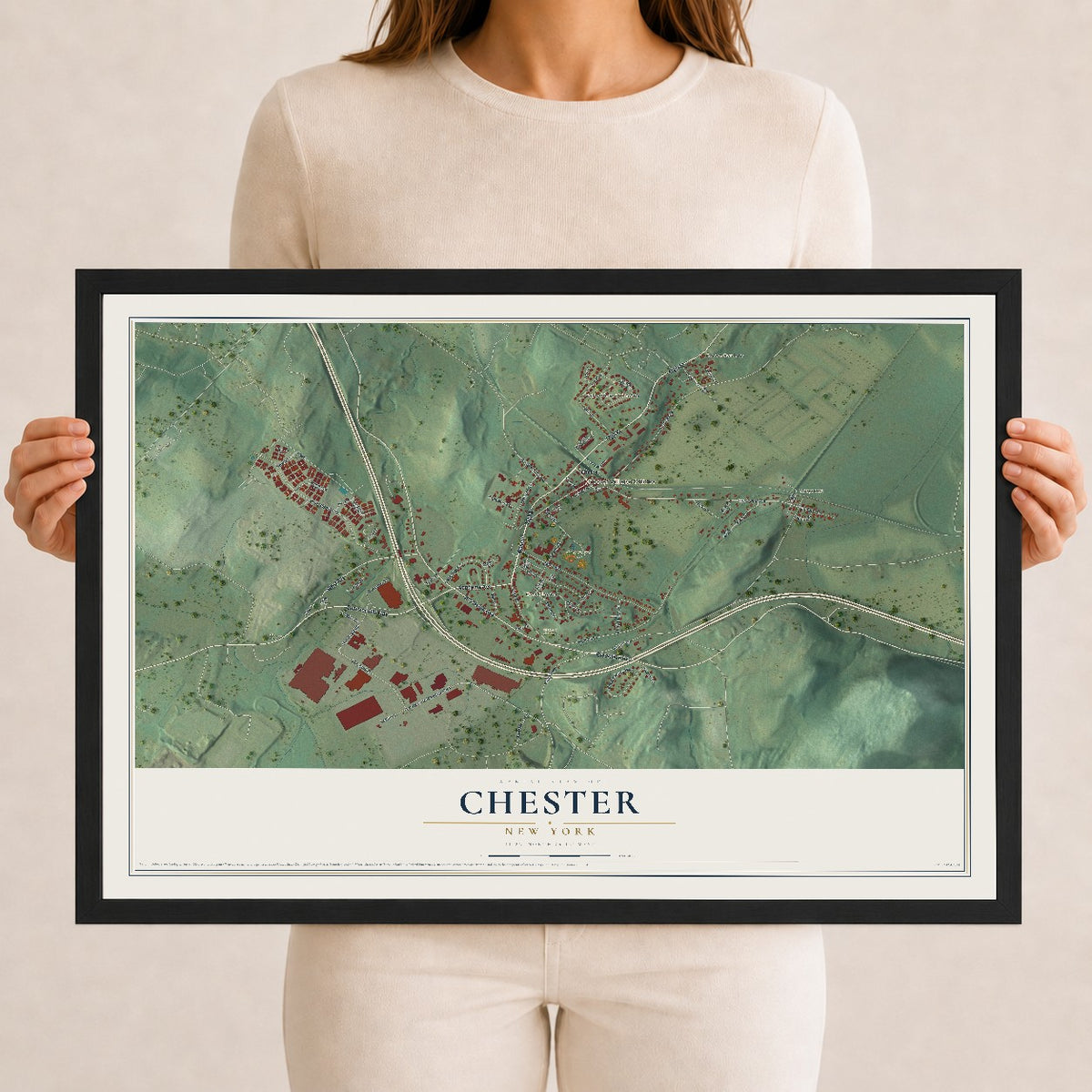 Chester, New York map print, 12" x 18" W/ Black Ayous Wood Frame mockup