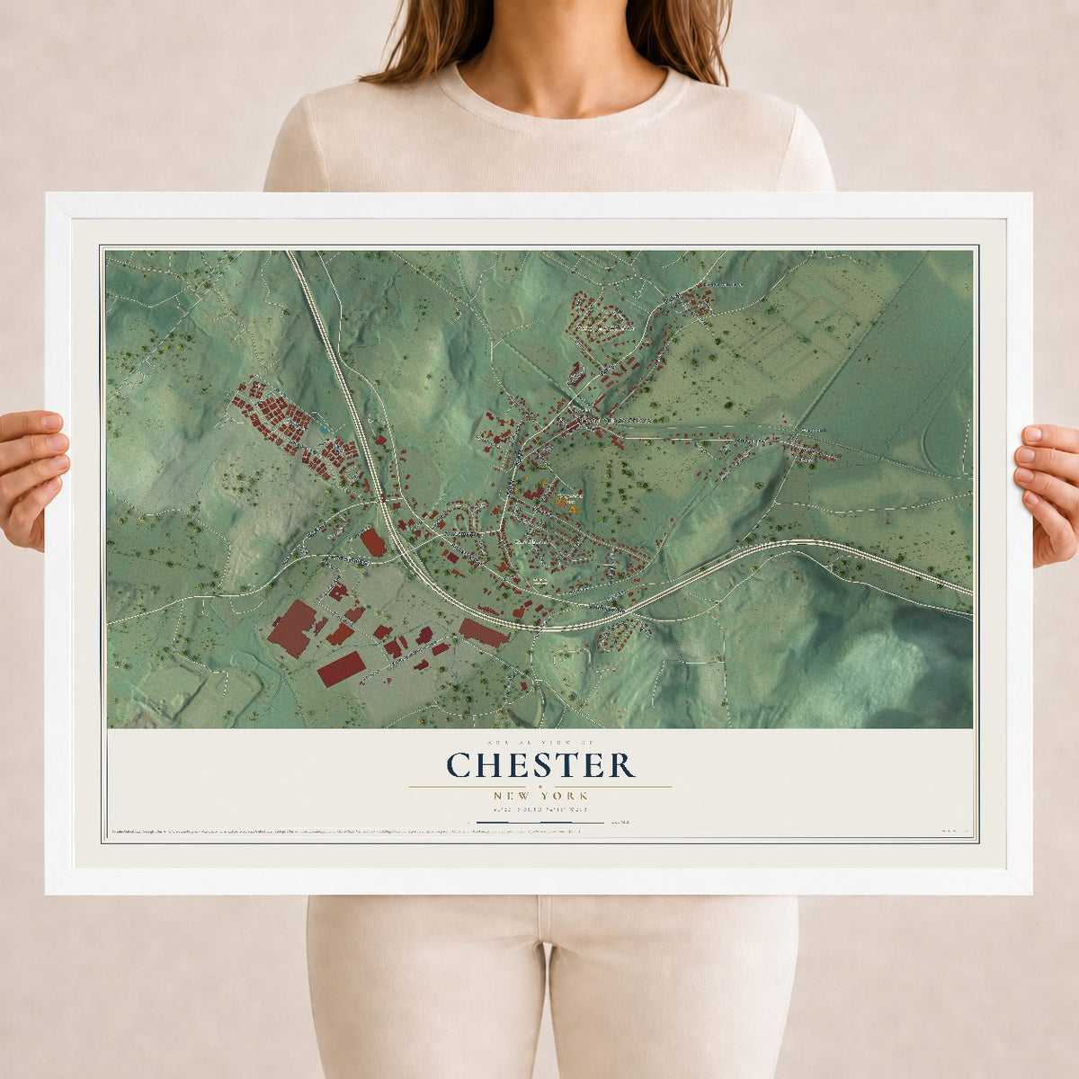 Chester, New York map print, 18" x 24" W/ White Ayous Wood Frame mockup