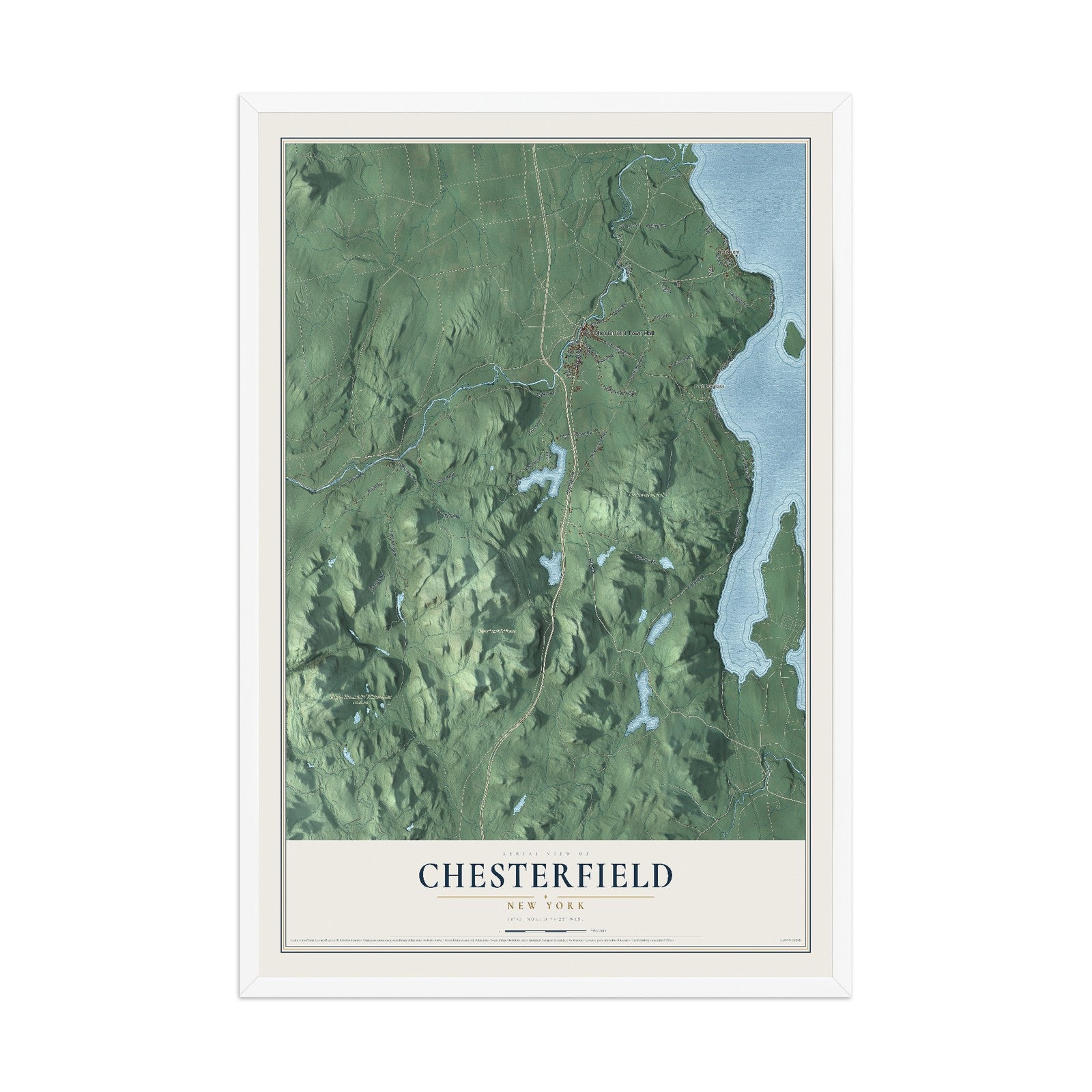 Chesterfield, New York map print, 12" x 18" W/ White Ayous Wood Frame mockup