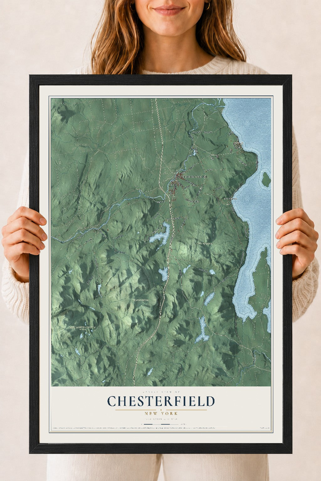 Chesterfield, New York map print, 18" x 24" W/ Black Ayous Wood Frame mockup
