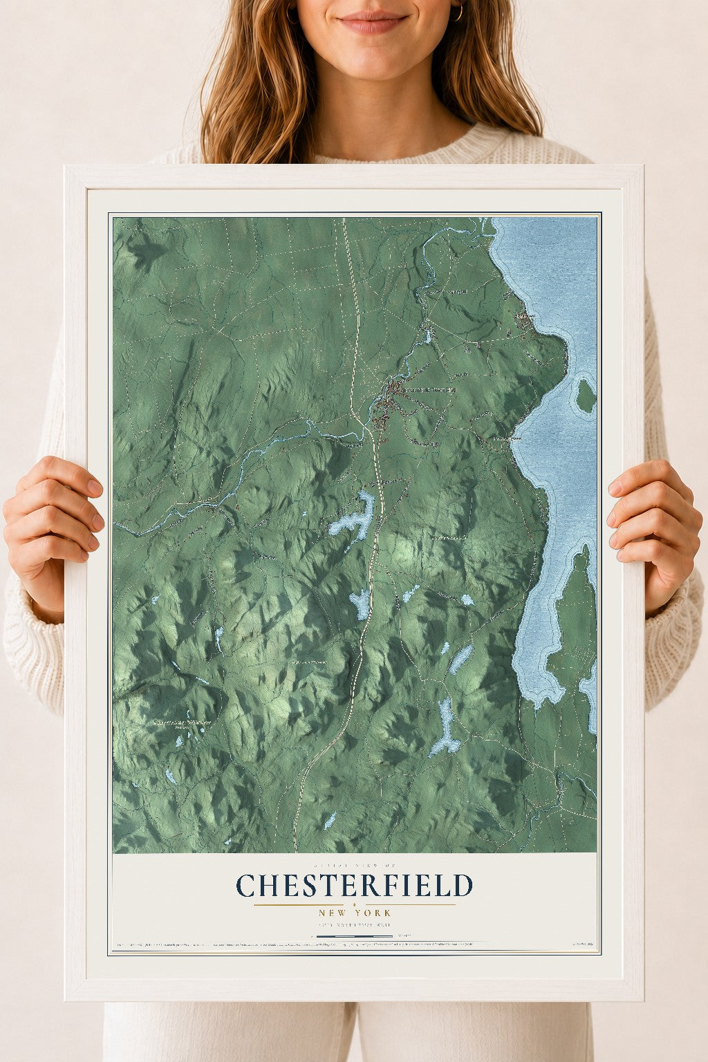 Chesterfield, New York map print, 18" x 24" W/ White Ayous Wood Frame mockup