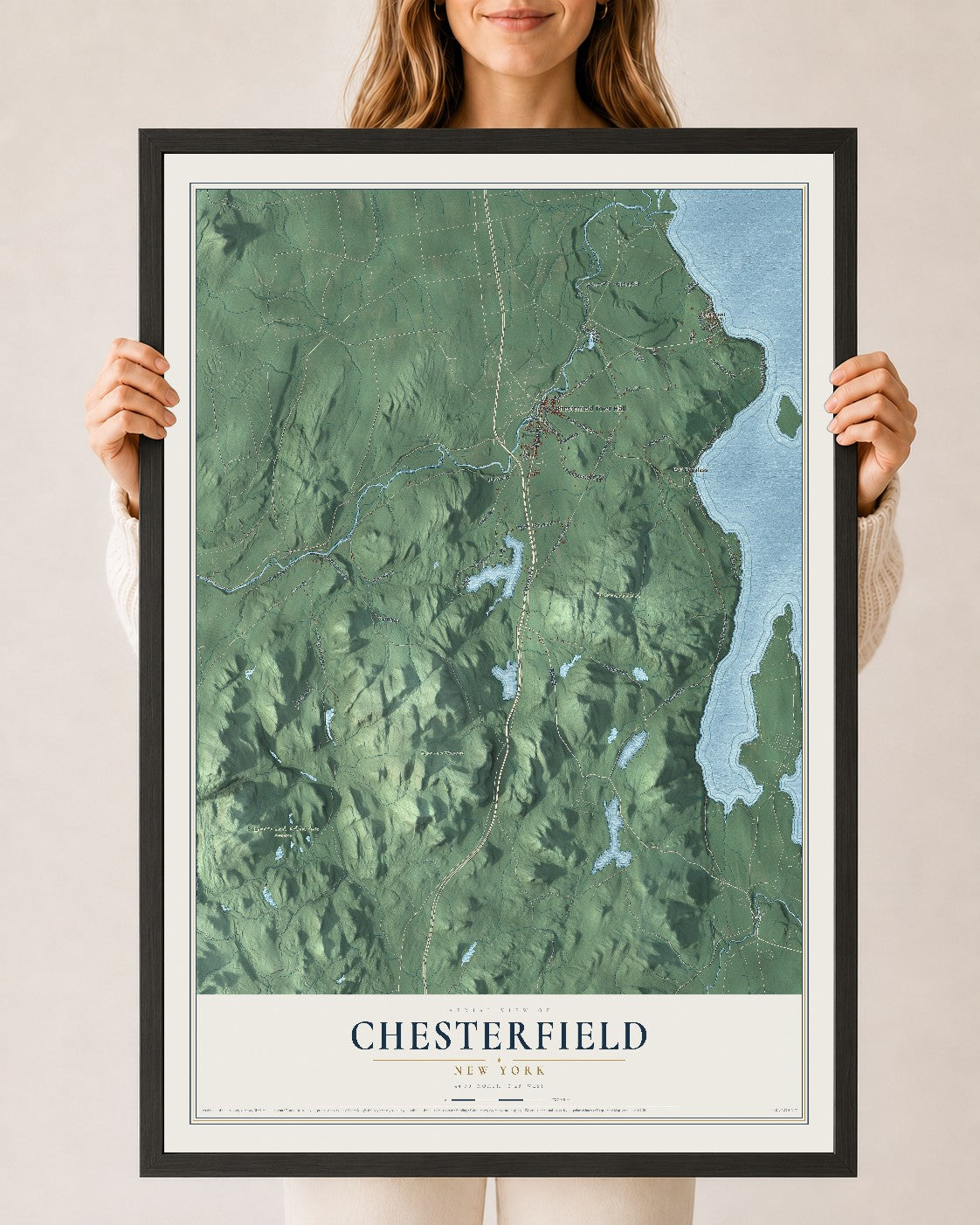 Chesterfield, New York map print, 24" x 36" W/ Black Ayous Wood Frame mockup
