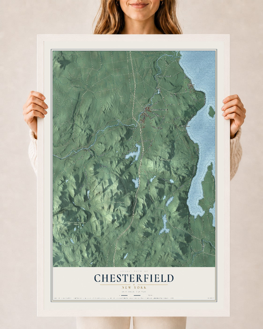Chesterfield, New York map print, 24" x 36" W/ White Ayous Wood Frame mockup