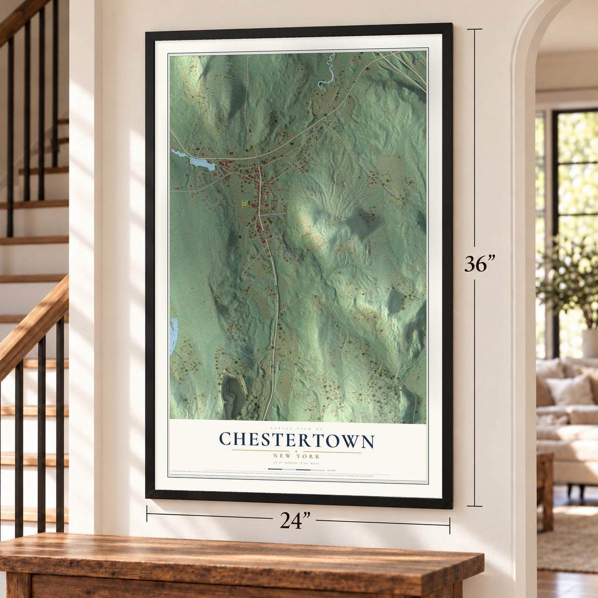 Chestertown, New York map, 24 x 36 inch print in a black frame by a staircase
