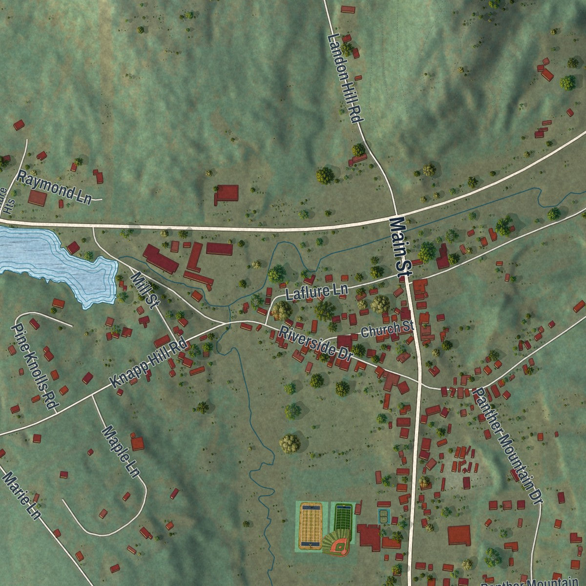 Close-up of the map of Chestertown, New York print showing street and building detail