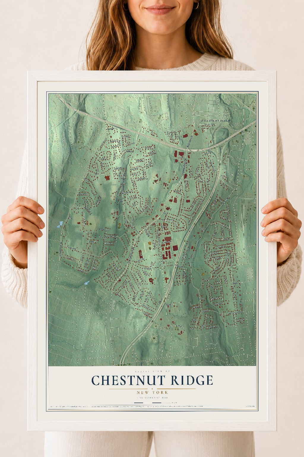 Chestnut Ridge, New York map print, 18" x 24" W/ White Ayous Wood Frame mockup