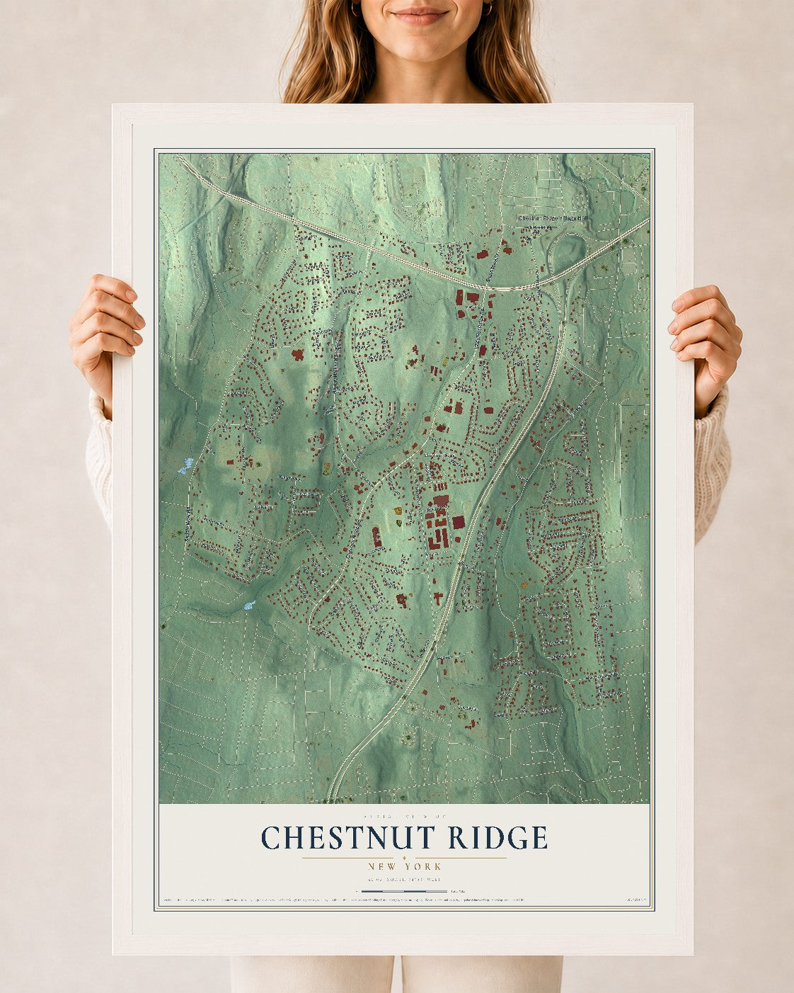 Chestnut Ridge, New York map print, 24" x 36" W/ White Ayous Wood Frame mockup