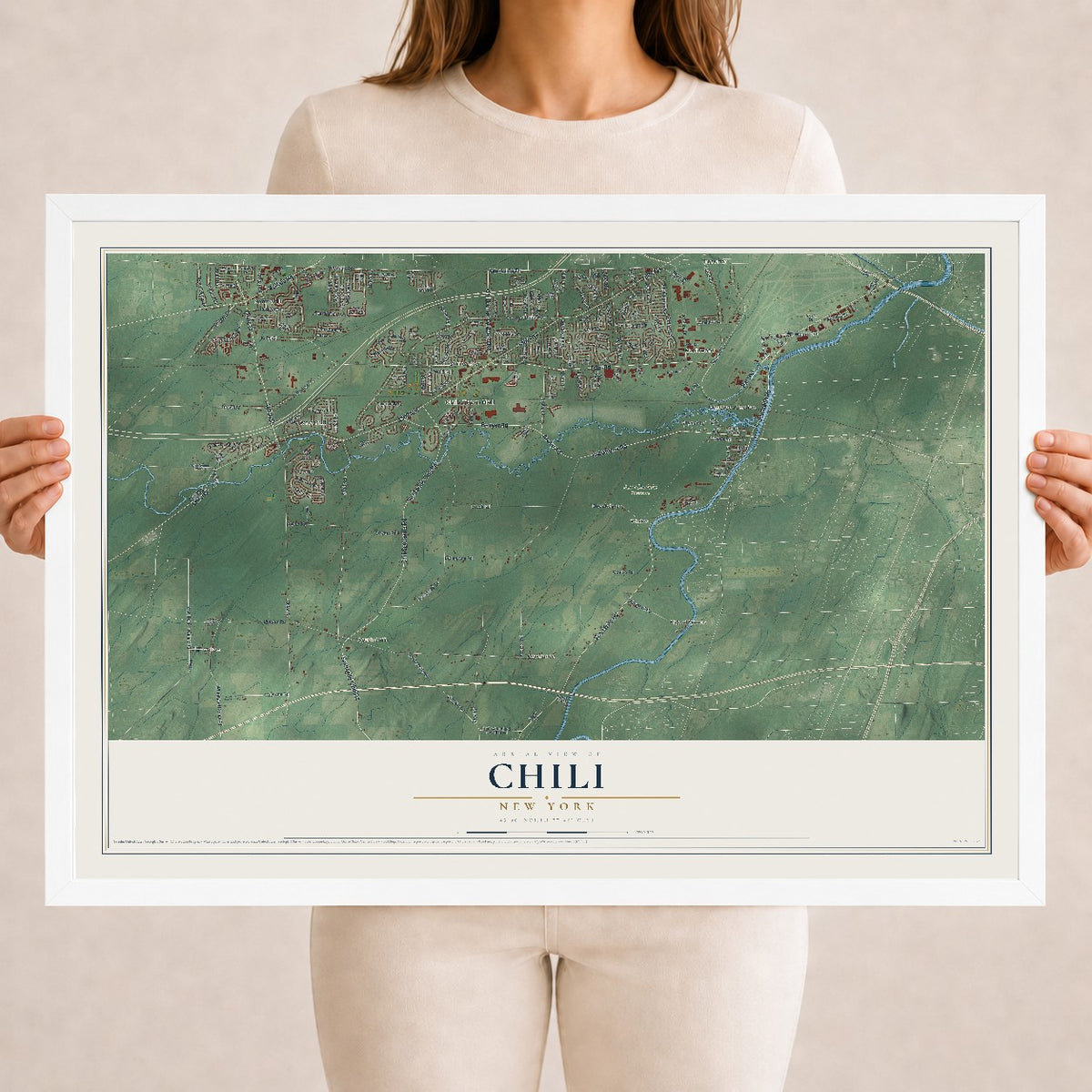 Chili, New York map print, 18" x 24" W/ White Ayous Wood Frame mockup