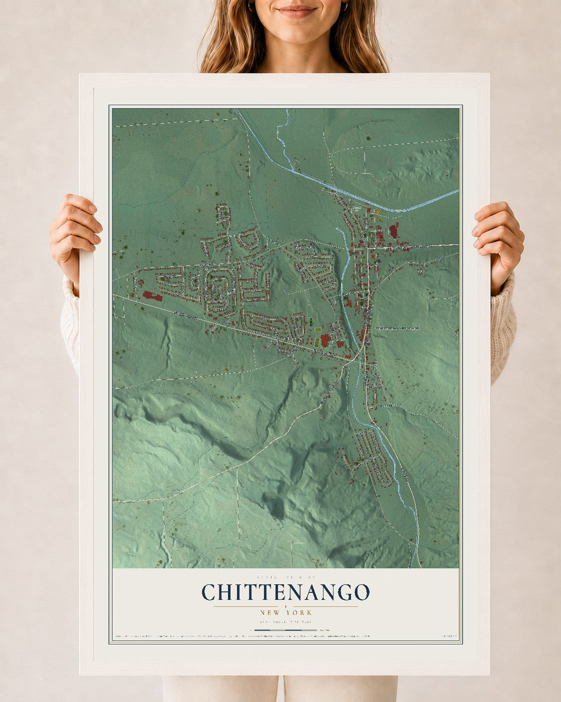 Chittenango, New York map print, 24" x 36" W/ White Ayous Wood Frame mockup