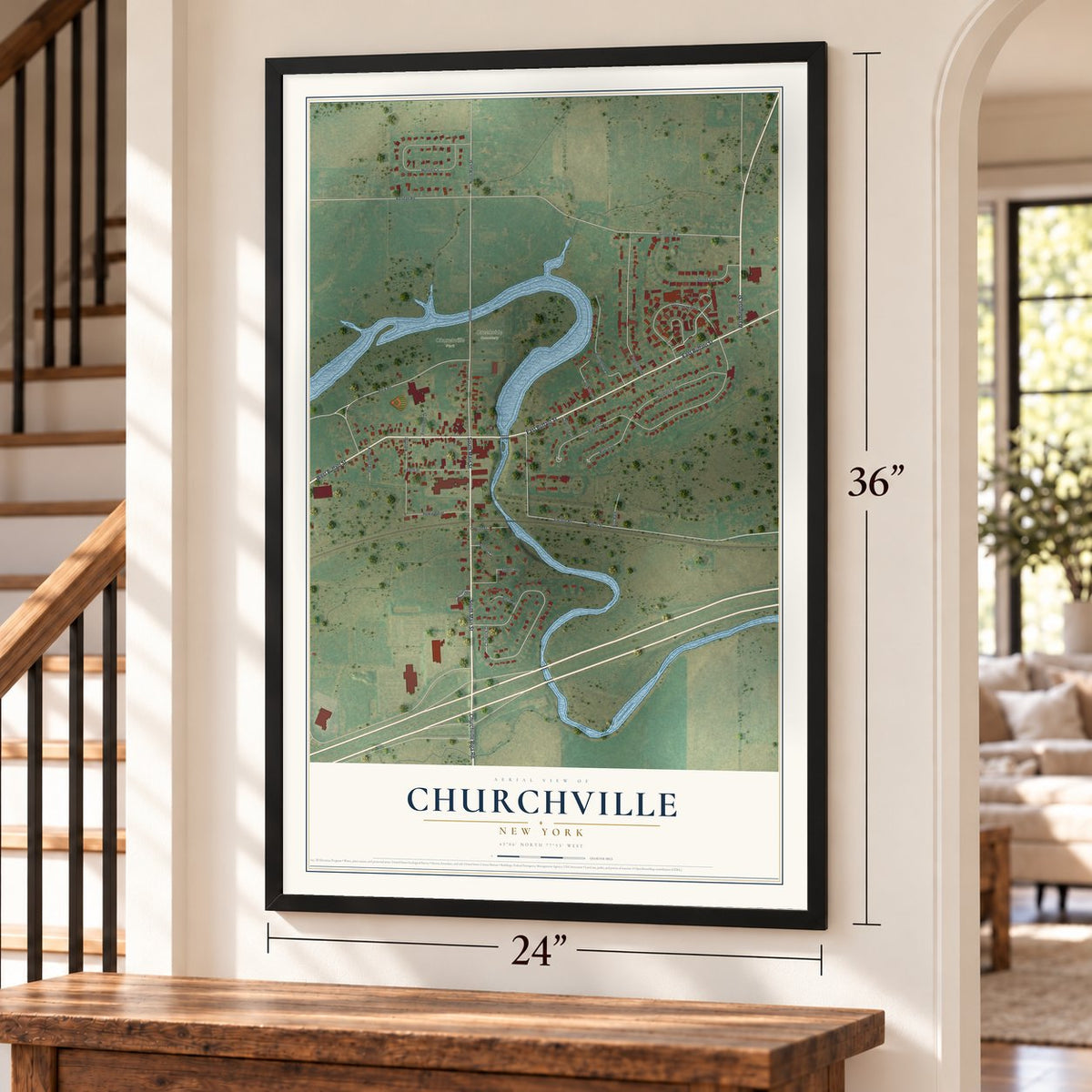 Churchville, New York map, 24 x 36 inch print in a black frame by a staircase
