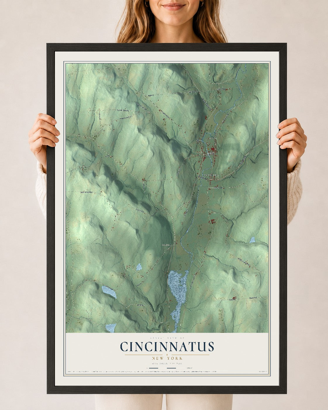 Cincinnatus, New York map print, 24" x 36" W/ Black Ayous Wood Frame mockup