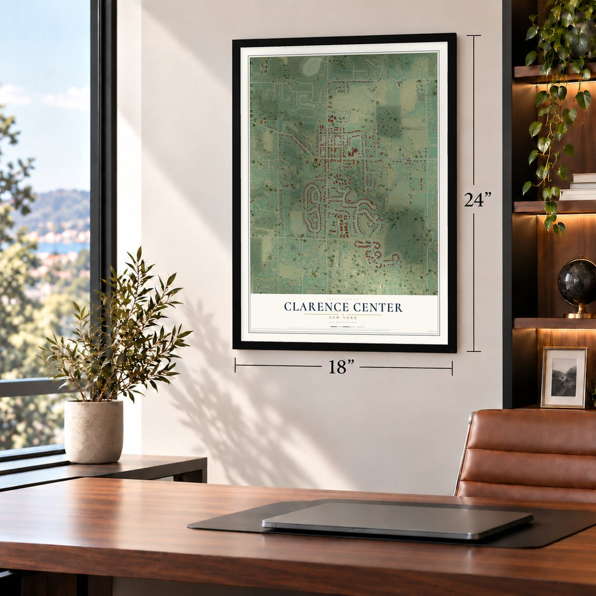Clarence Center, New York map, 18 x 24 inch print in a black frame in a home office