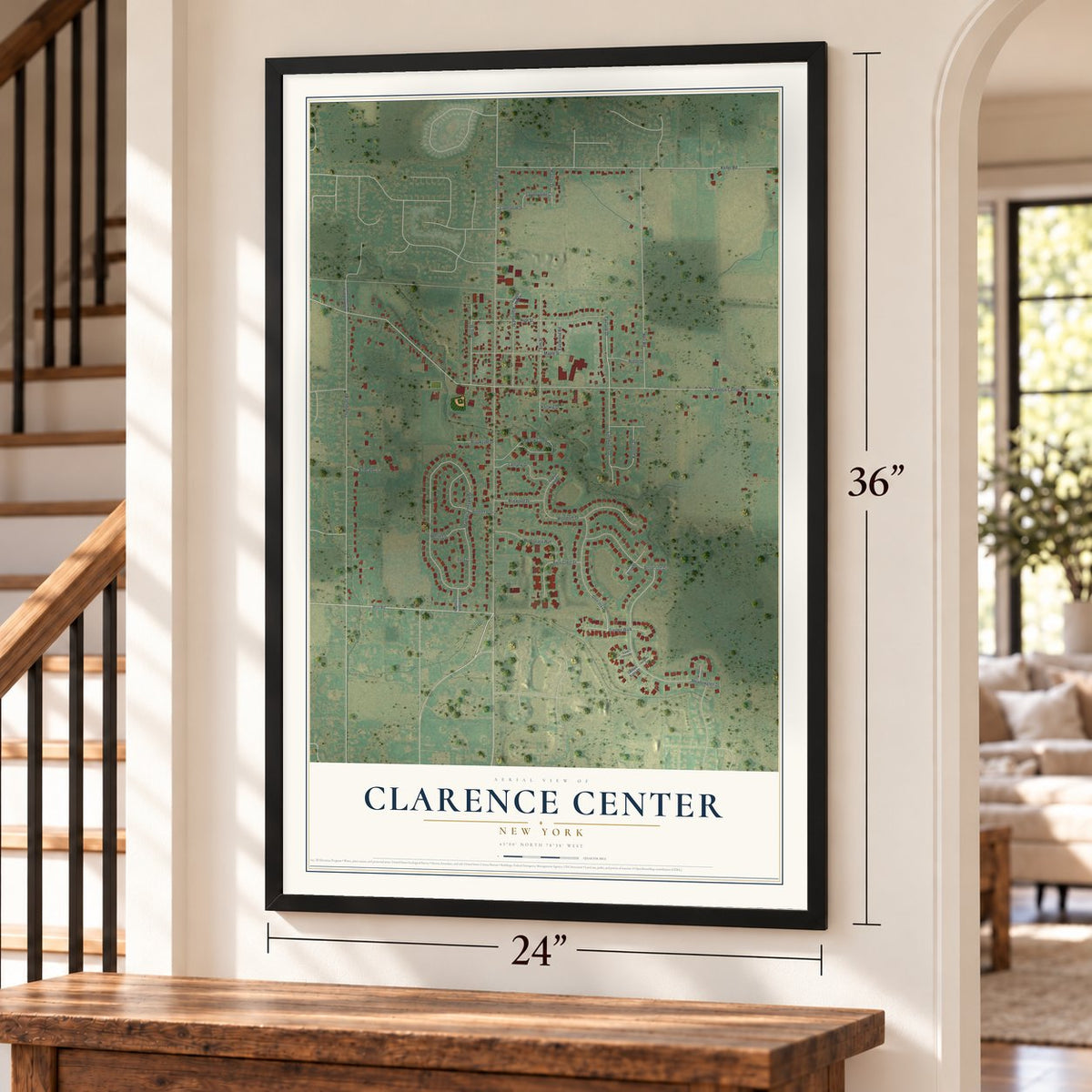 Clarence Center, New York map, 24 x 36 inch print in a black frame by a staircase