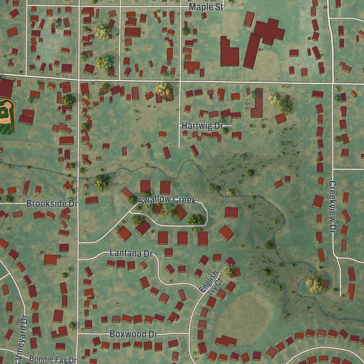 Close-up of the map of Clarence Center, New York print showing street and building detail