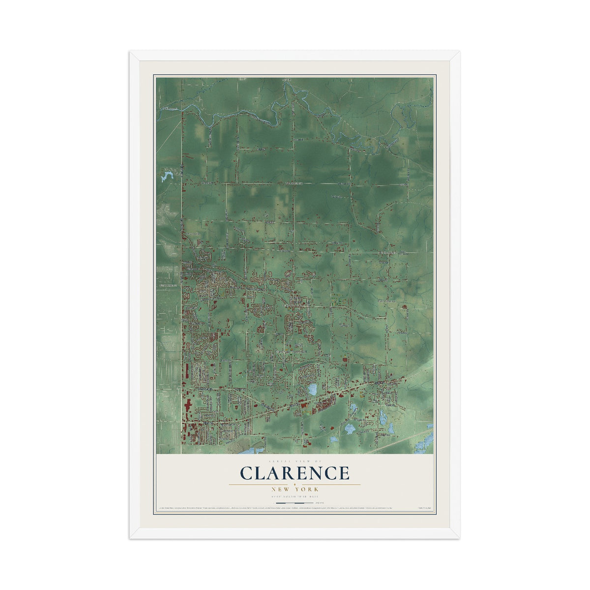 Clarence, New York map print, 12" x 18" W/ White Ayous Wood Frame mockup