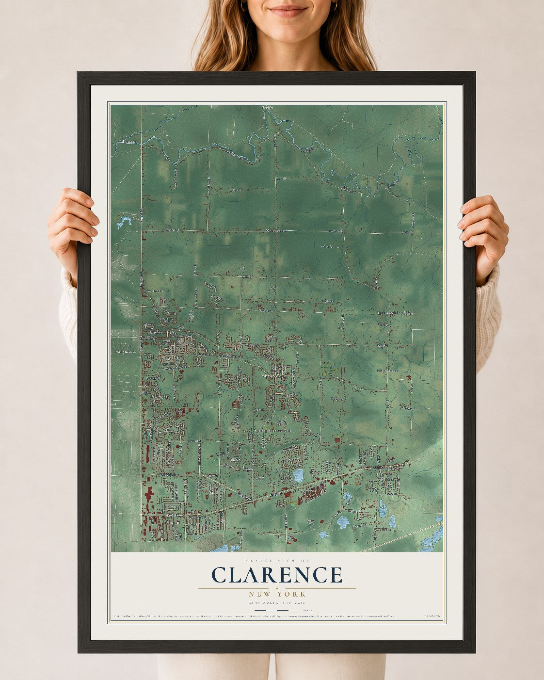 Clarence, New York map print, 24" x 36" W/ Black Ayous Wood Frame mockup