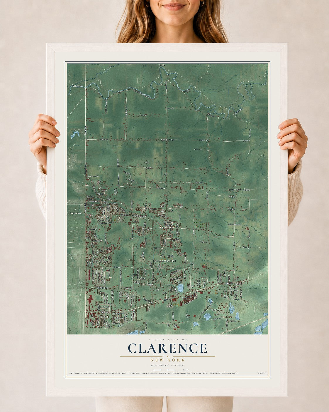 Clarence, New York map print, 24" x 36" W/ White Ayous Wood Frame mockup