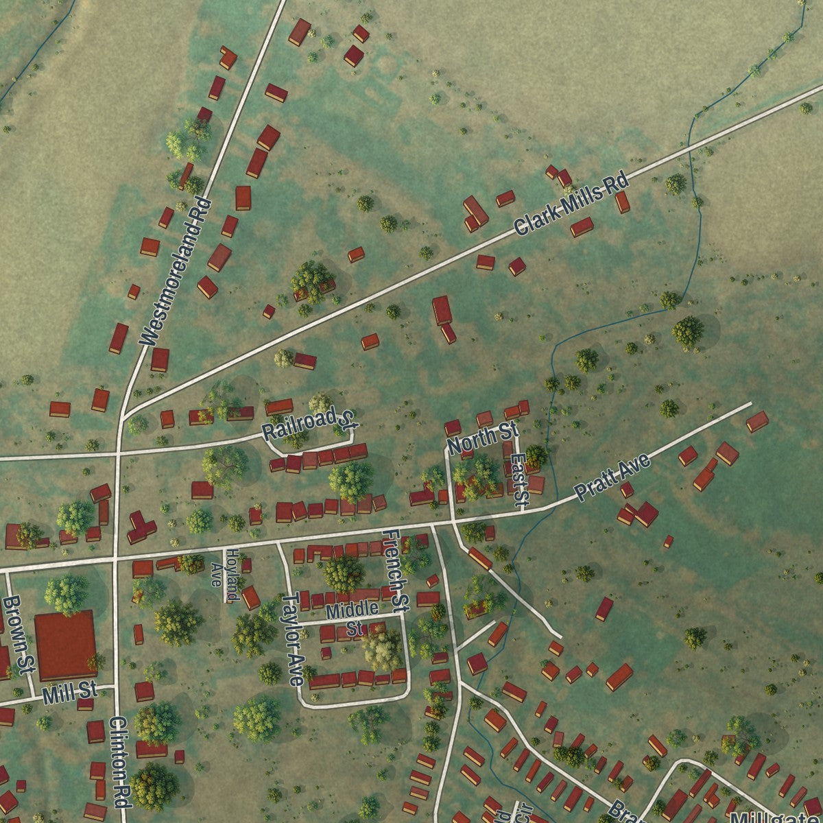 Close-up of the map of Clark Mills, New York print showing street and building detail