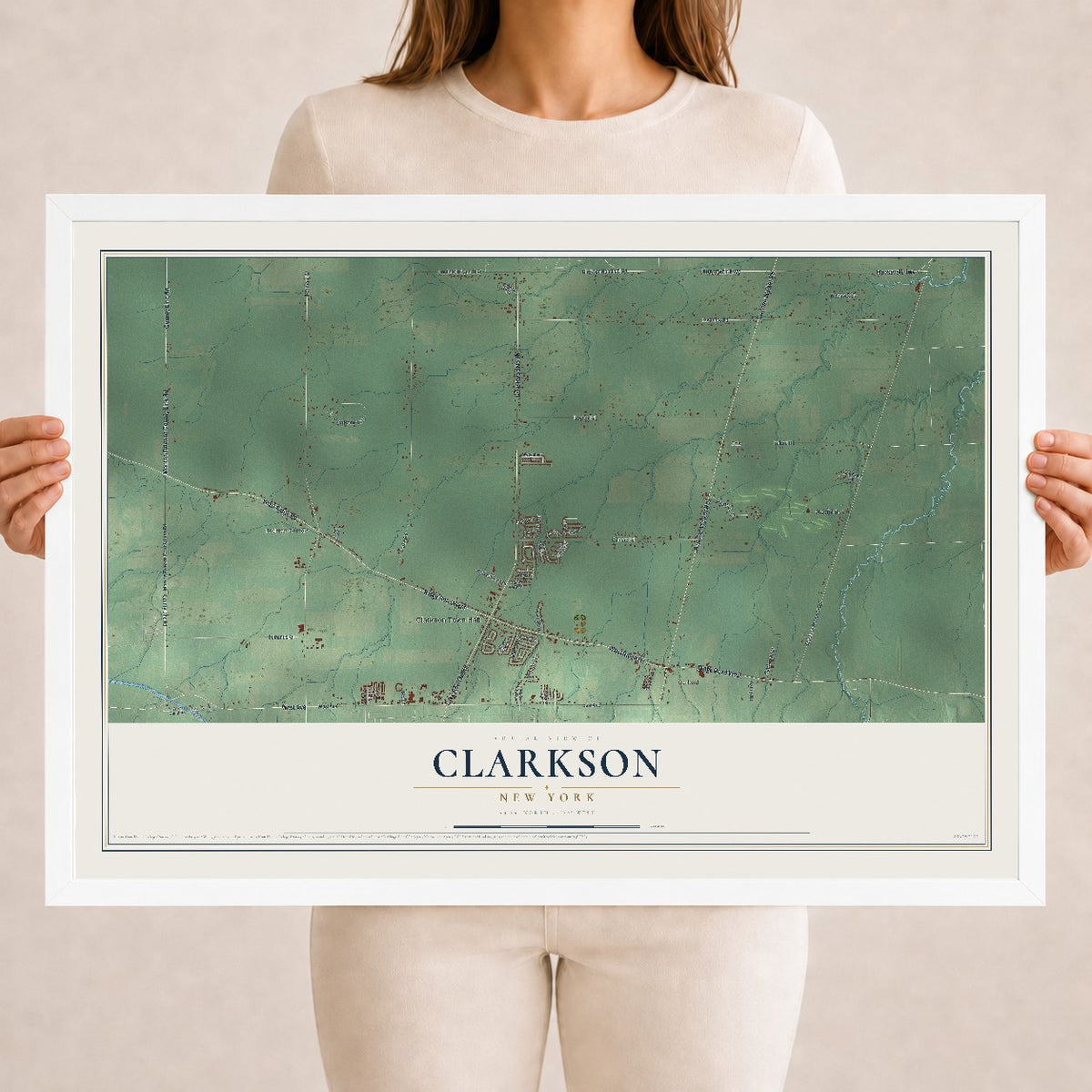 Clarkson, New York map print, 18" x 24" W/ White Ayous Wood Frame mockup