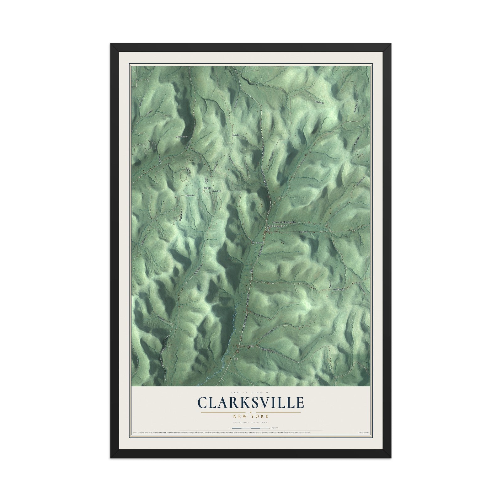 Clarksville, New York map print, 12" x 18" W/ Black Ayous Wood Frame mockup