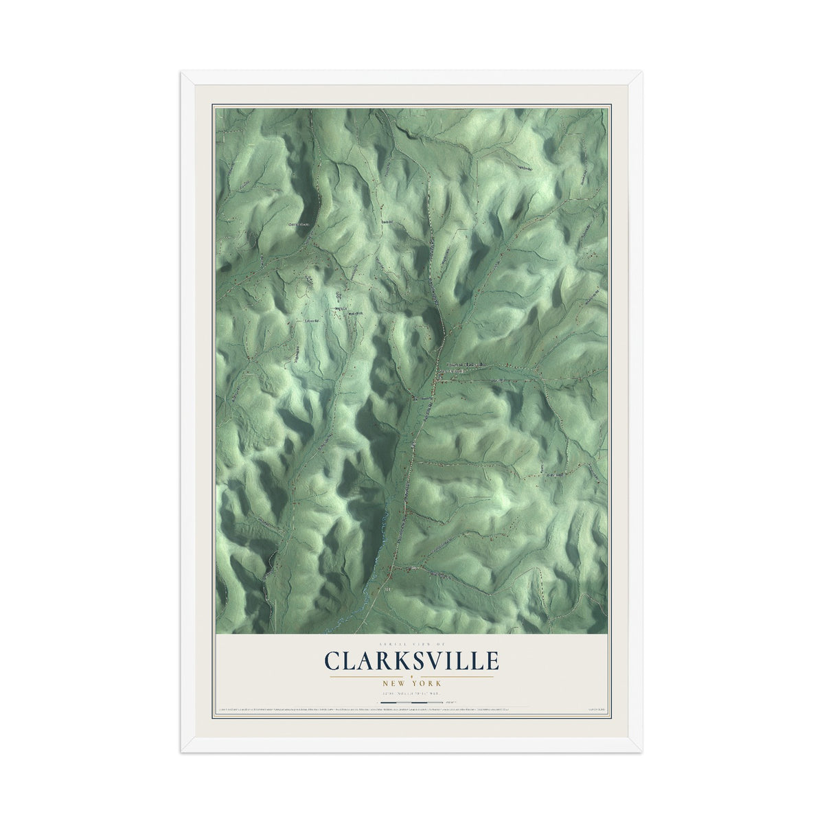 Clarksville, New York map print, 12" x 18" W/ White Ayous Wood Frame mockup
