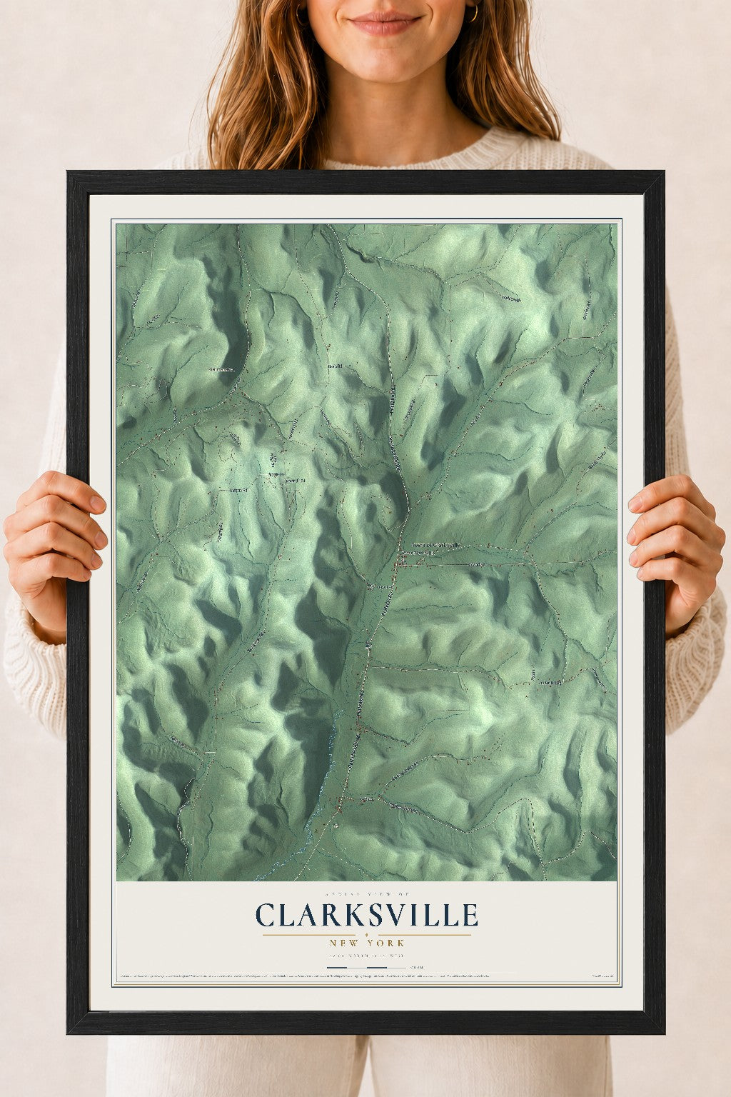 Clarksville, New York map print, 18" x 24" W/ Black Ayous Wood Frame mockup