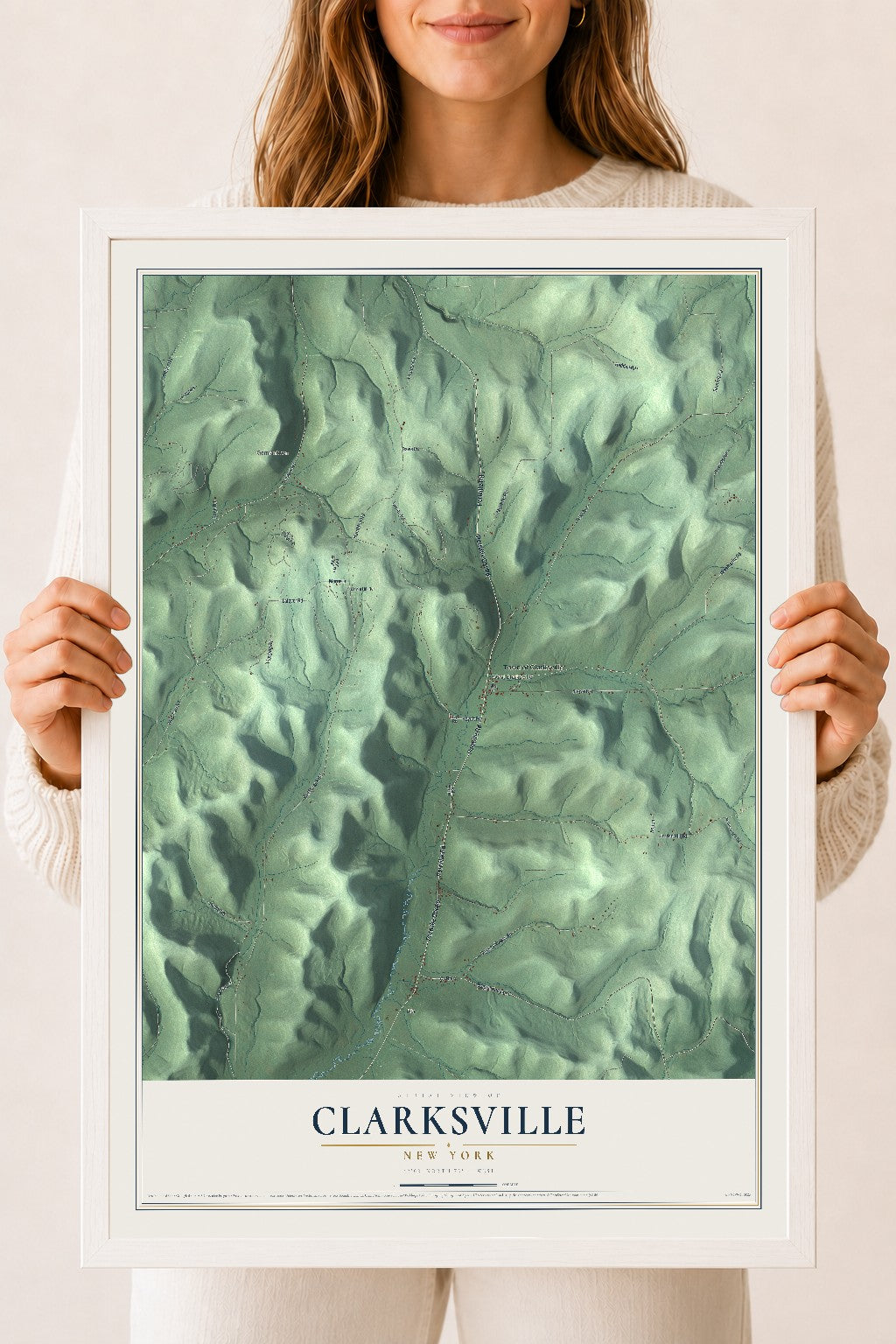 Clarksville, New York map print, 18" x 24" W/ White Ayous Wood Frame mockup