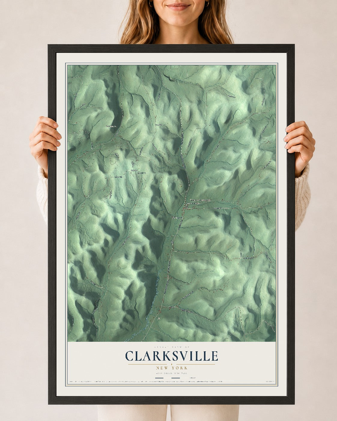 Clarksville, New York map print, 24" x 36" W/ Black Ayous Wood Frame mockup