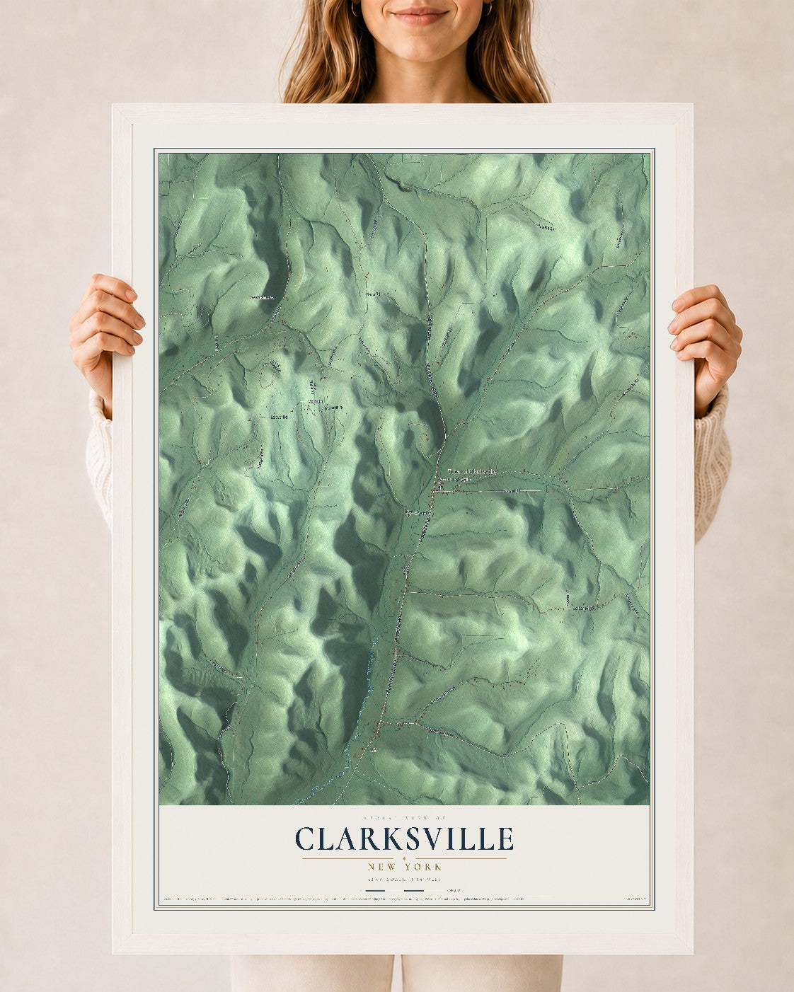 Clarksville, New York map print, 24" x 36" W/ White Ayous Wood Frame mockup