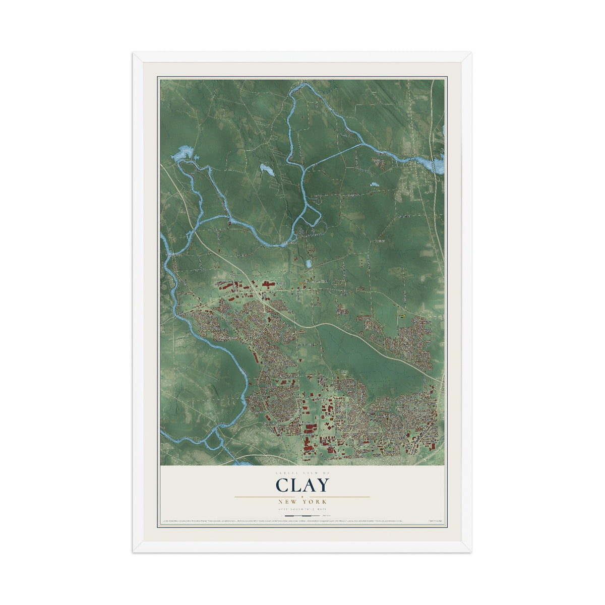 Clay, New York map print, 12" x 18" W/ White Ayous Wood Frame mockup