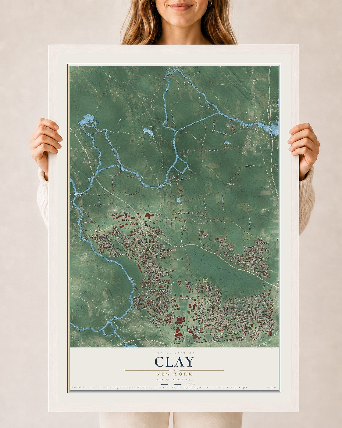 Clay, New York map print, 24" x 36" W/ White Ayous Wood Frame mockup