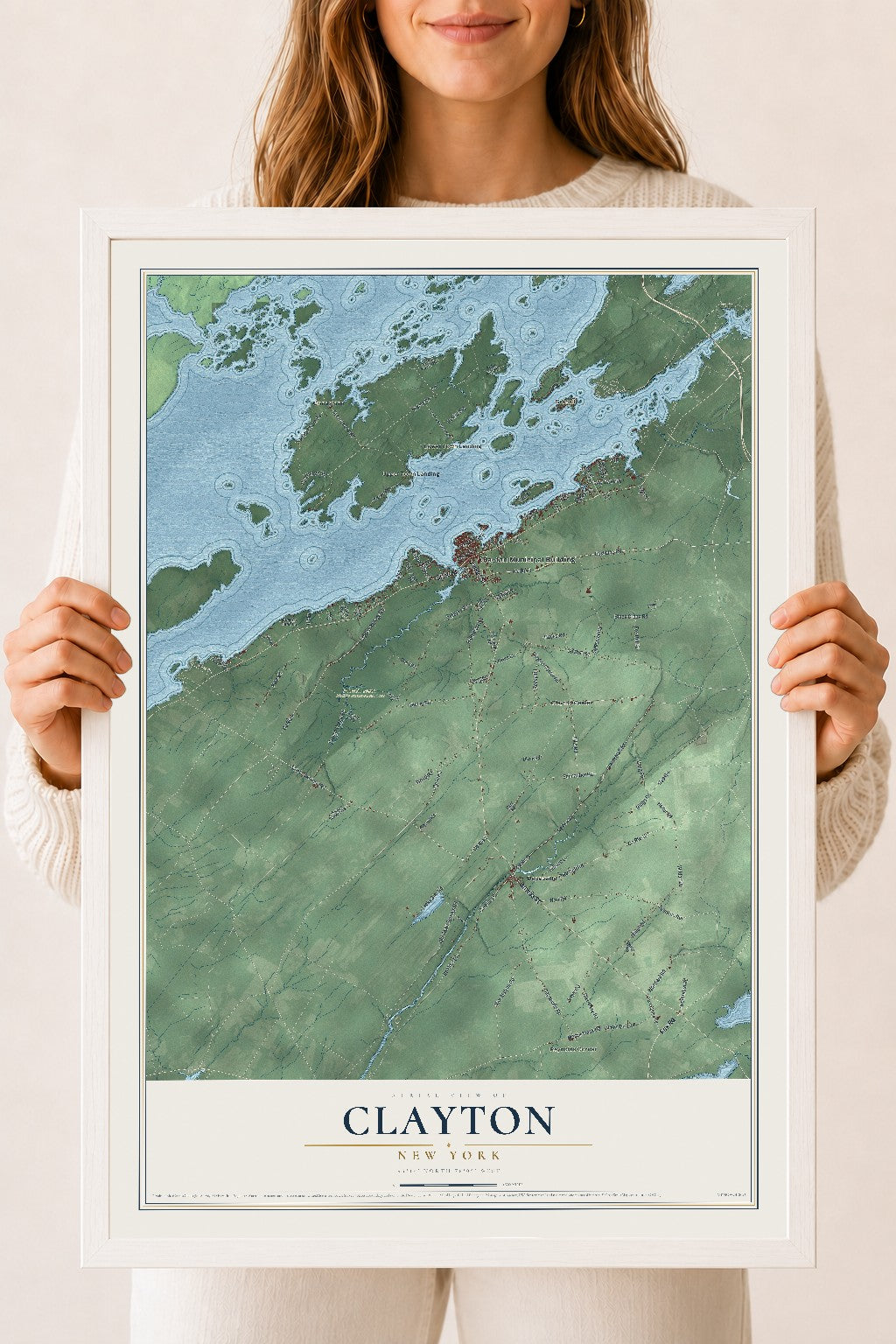 Clayton, New York map print, 18" x 24" W/ White Ayous Wood Frame mockup