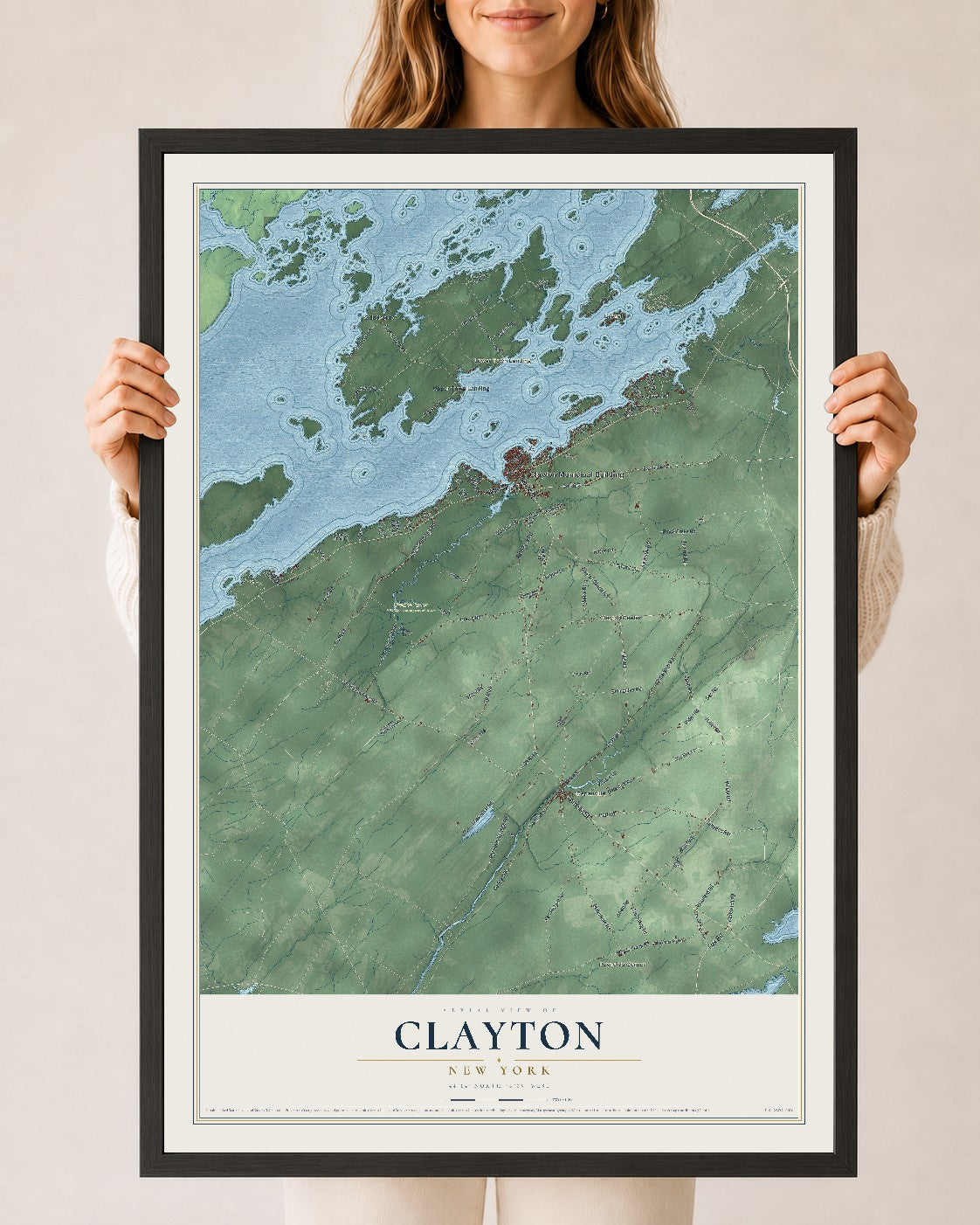 Clayton, New York map print, 24" x 36" W/ Black Ayous Wood Frame mockup