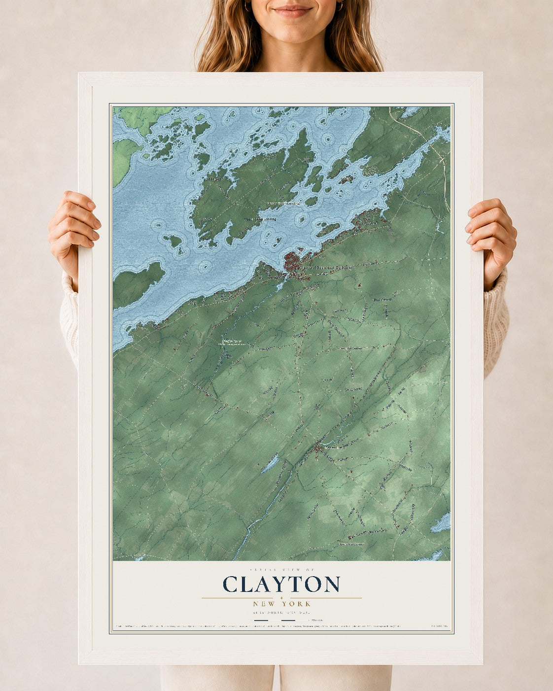 Clayton, New York map print, 24" x 36" W/ White Ayous Wood Frame mockup