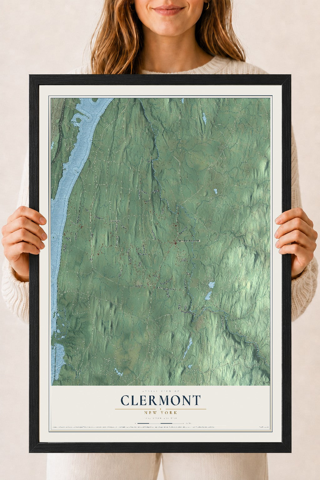 Clermont, New York map print, 18" x 24" W/ Black Ayous Wood Frame mockup