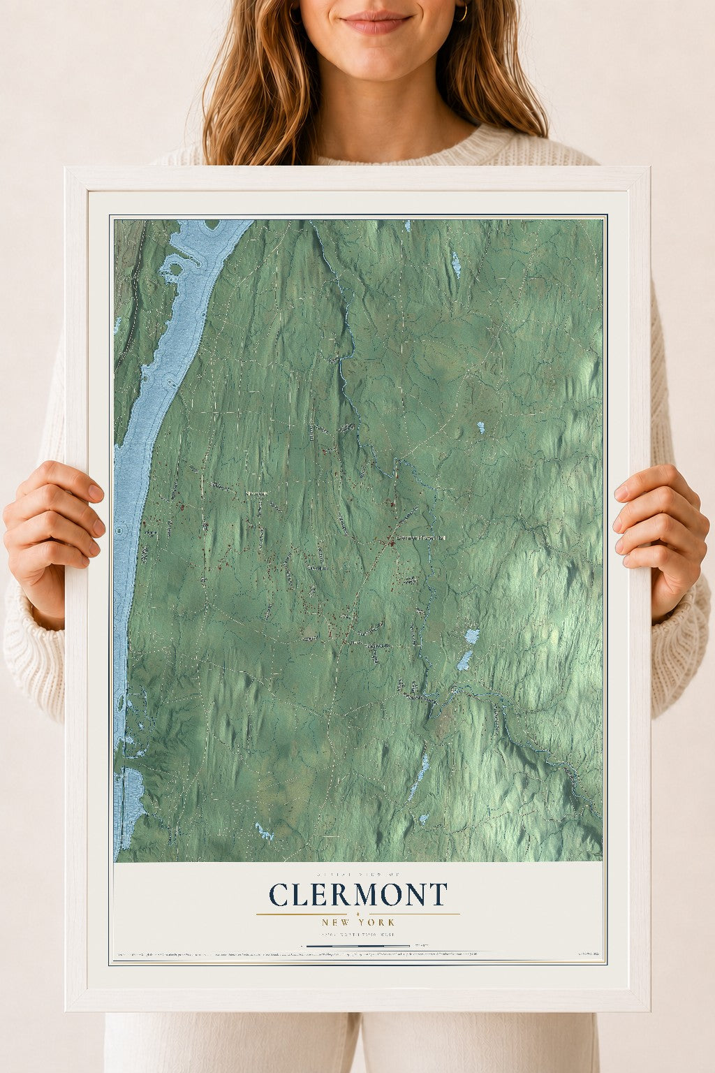Clermont, New York map print, 18" x 24" W/ White Ayous Wood Frame mockup