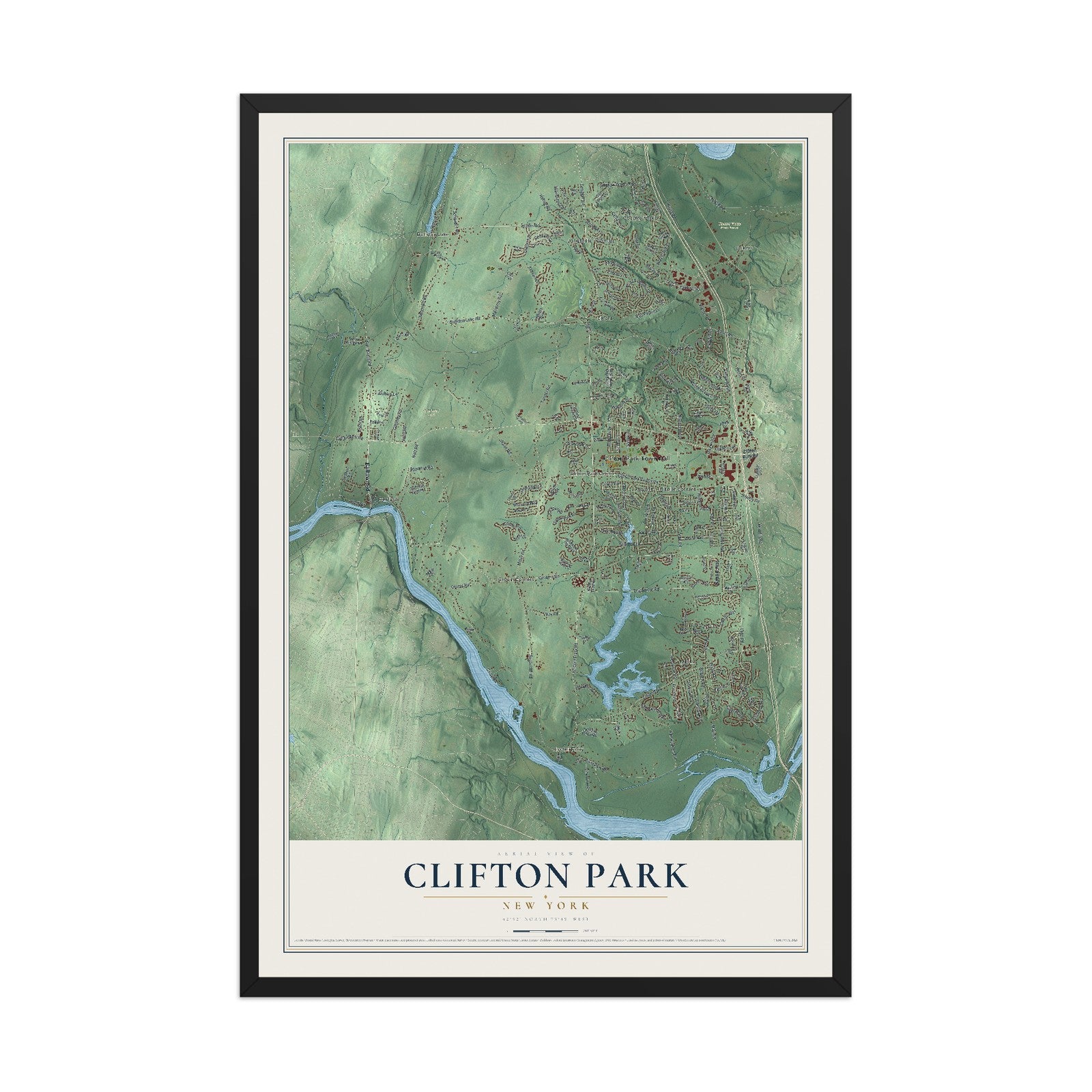 Clifton Park, New York map print, 12" x 18" W/ Black Ayous Wood Frame mockup