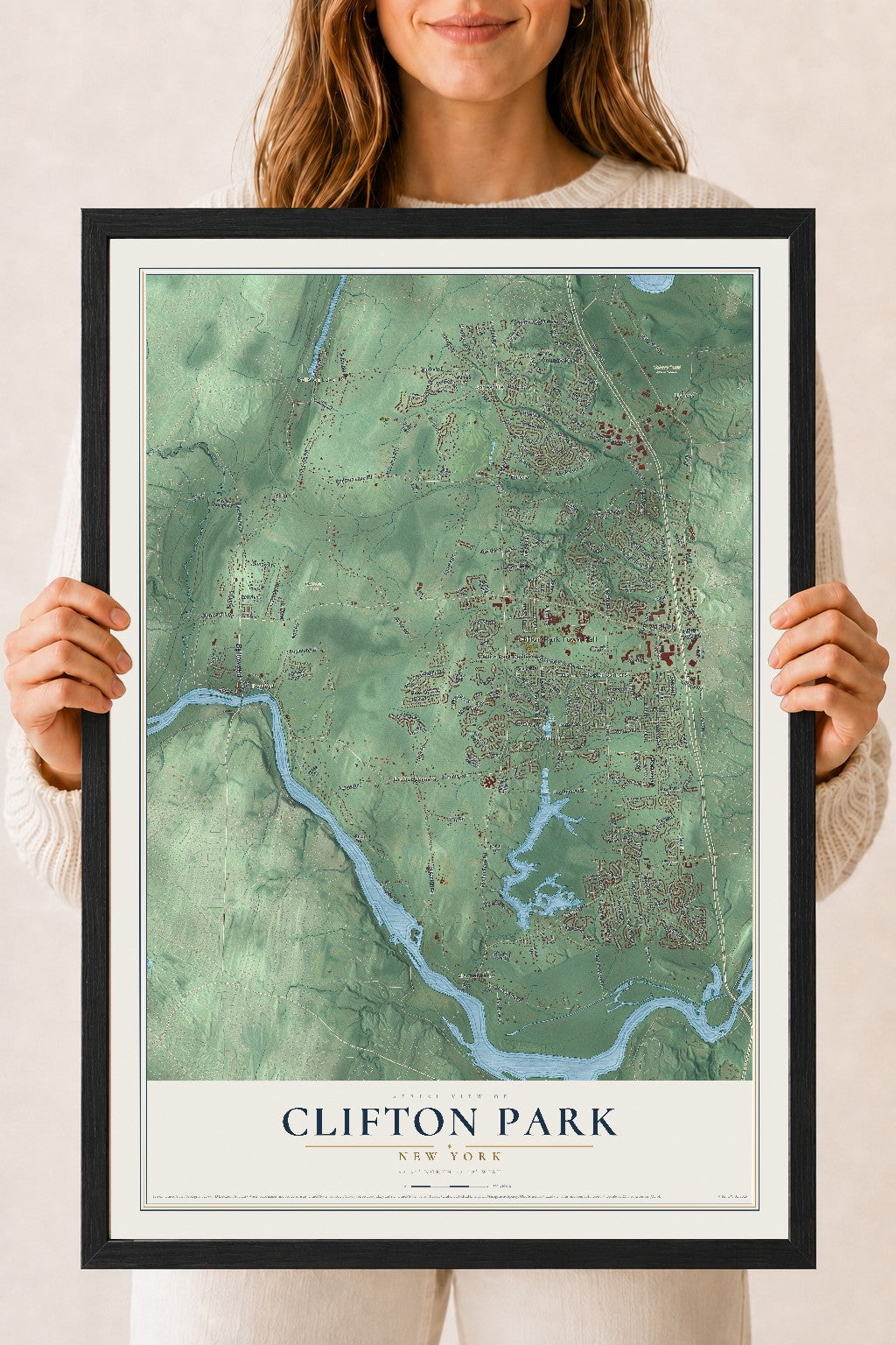 Clifton Park, New York map print, 18" x 24" W/ Black Ayous Wood Frame mockup