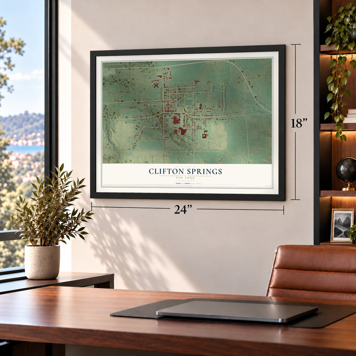 Clifton Springs, New York map, 18 x 24 inch print in a black frame in a home office