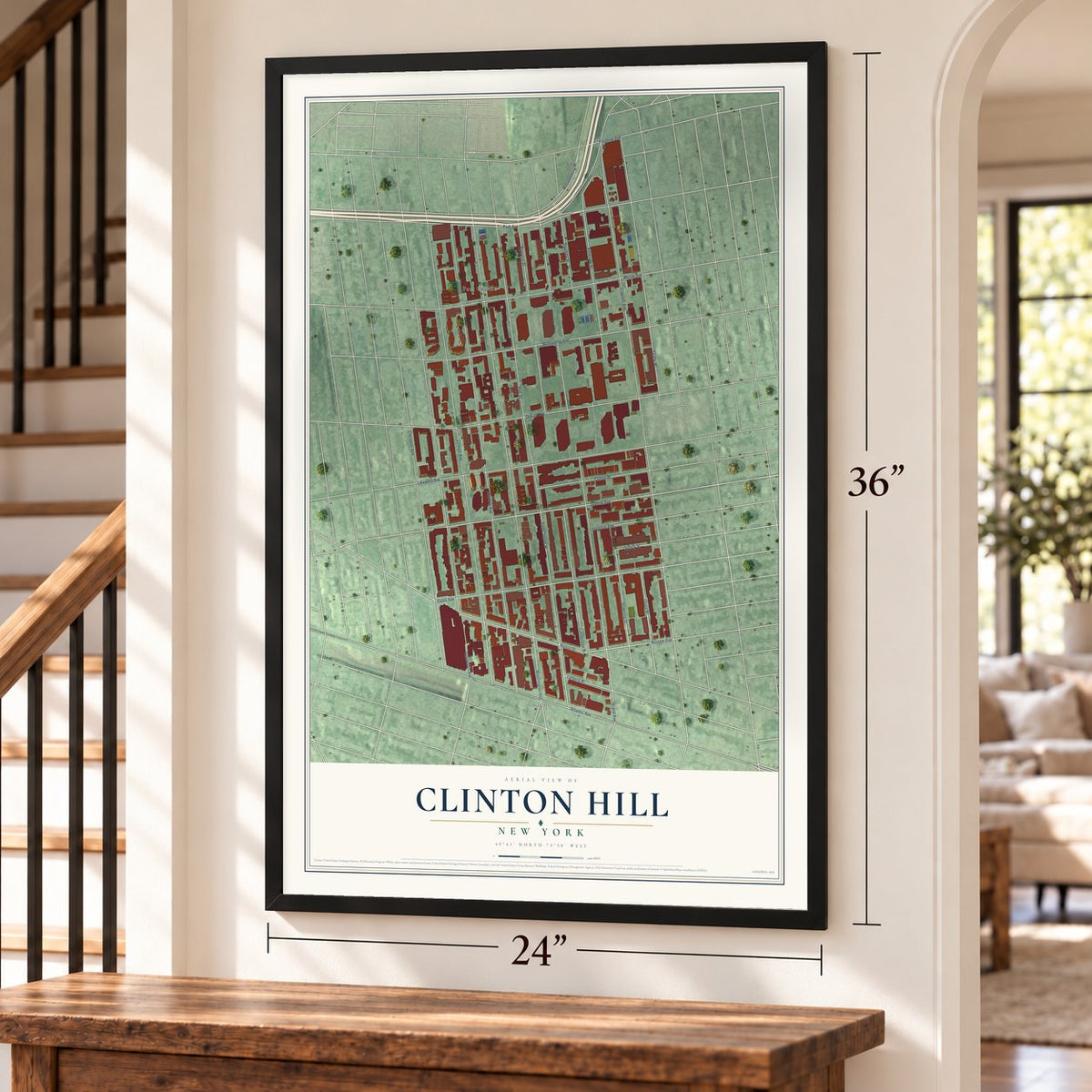 Clinton Hill, New York map, 24 x 36 inch print in a black frame by a staircase