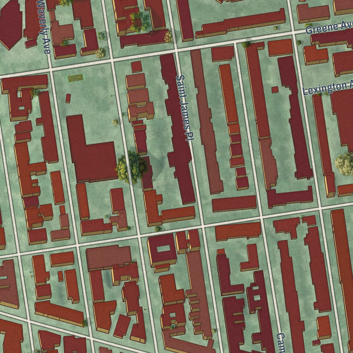 Close-up of the map of Clinton Hill, New York print showing street and building detail