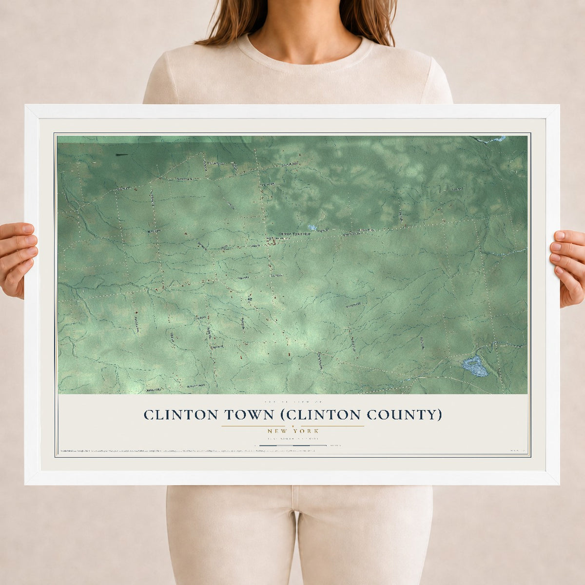 Clinton Town (Clinton County), New York map print, 18" x 24" W/ White Ayous Wood Frame mockup