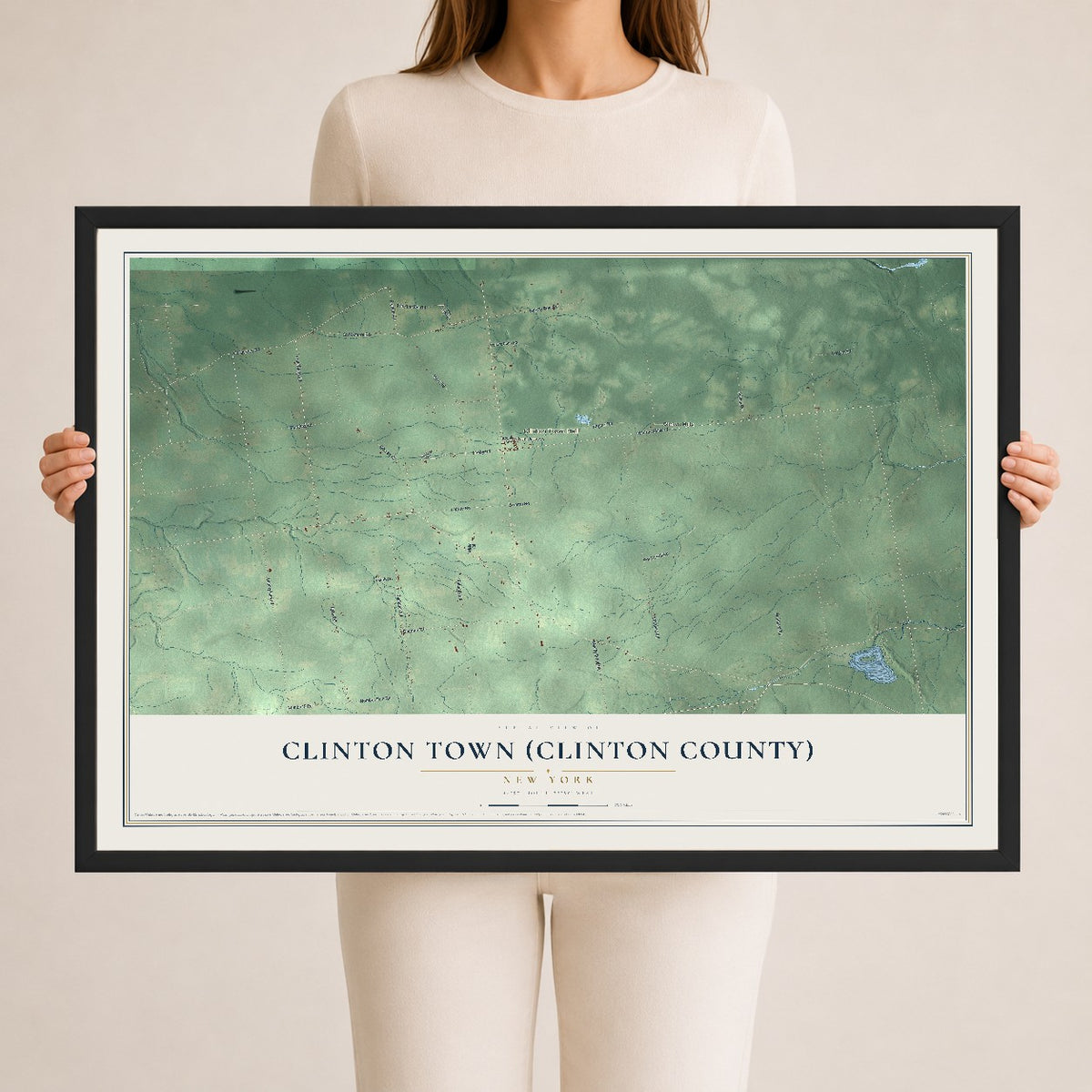 Clinton Town (Clinton County), New York map print, 24" x 36" W/ Black Ayous Wood Frame mockup